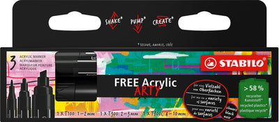Stabilo free - acryl marker - mixed tip set - zwart - 3 verschillende tip sizes