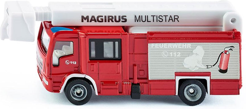 Siku 1749, brandweerwagen magirus multistar tlf met hoogwerker, 1:87, metaal kunststof, rood wit, uitschuifbare ladder