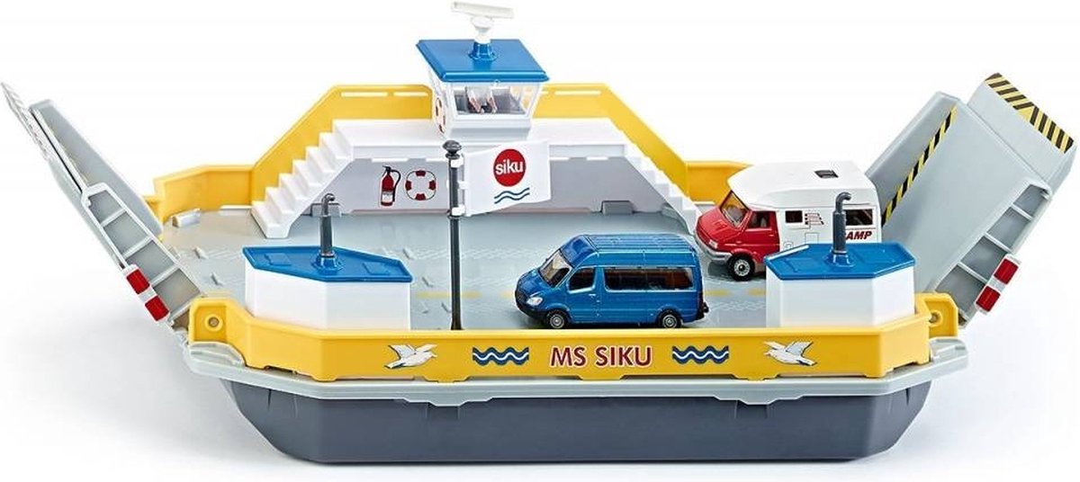 Siku 1750, autoveerboot, 1:50, metaal kunststof, incl. 2 speelgoedauto's, geel grijs, kan drijven, beweegbare oprijplaten