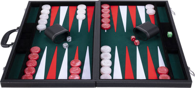 Engelhart backgammon 21 inch - groen, rood wit ingelegd bord - luxe zwarte koffer met handvat -