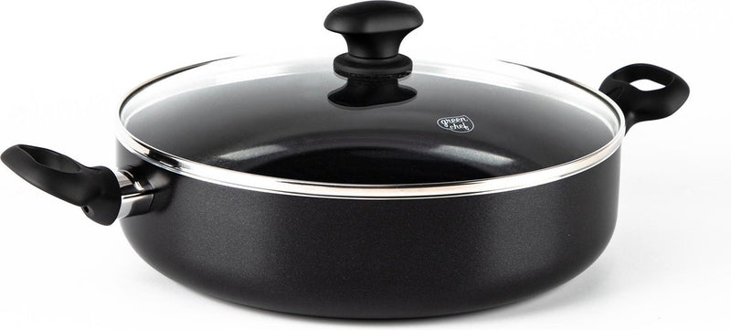 Greenchef diamond hapjespan 28cm met deksel - 4.25l - pfas-vrije antikleeflaag - hapjespan inductie - keramische pan - ovenbestendig tot 160°c - koelgreep - glazen deksel - zwart