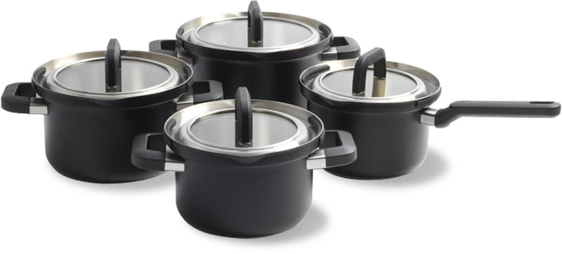 Bk flow cool black pannenset 4-delig - 16 18 20cm - rvs pannenset - inductie pannenset - ovenbestendig tot 160°c - koudgrepen - met deksel - zwart