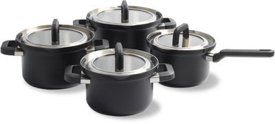 Bk flow cool black pannenset 4-delig - 16 18 20cm - rvs pannenset - inductie pannenset - ovenbestendig tot 160°c - koudgrepen - met deksel - zwart