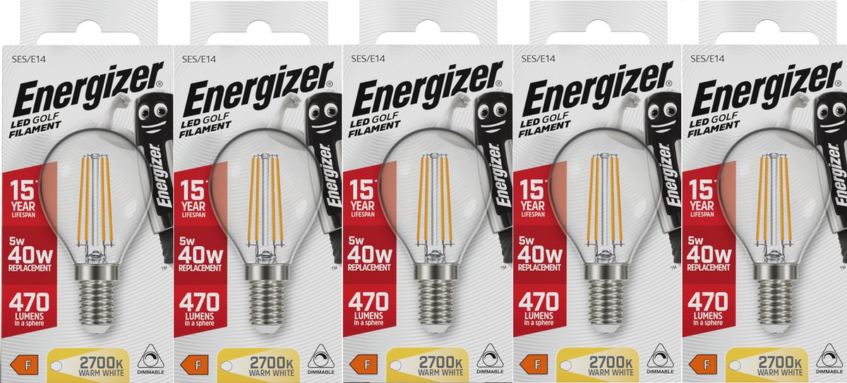 Energizer energiezuinige filament led kogellamp - e14 - 5 watt - warmwit licht - dimbaar - 5 stuks