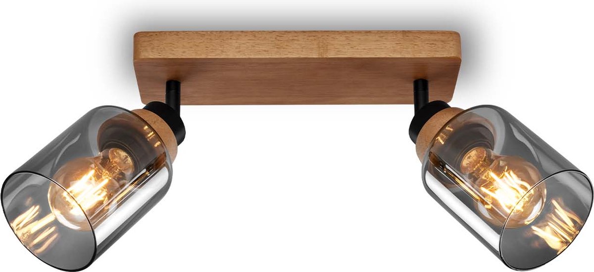 Briloner royk - opbouwspot met rookglas - met hout - plafondspot met 2x e27 fitting - 28cm