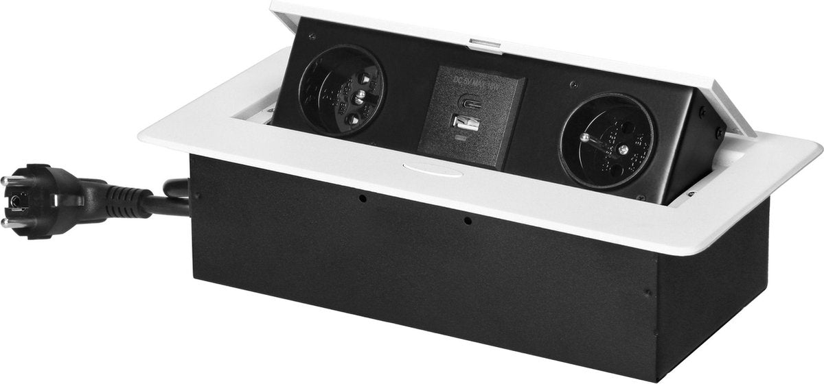 Orno bureau stekkerdoos - pop up stekkerblok met 2 stopcontacten, usb a c - inbouw verdeelstekker met rvs afwerking - verdeeldoos met 1.5 meter kabel - voor max. 3680 watt - penaarde - wit