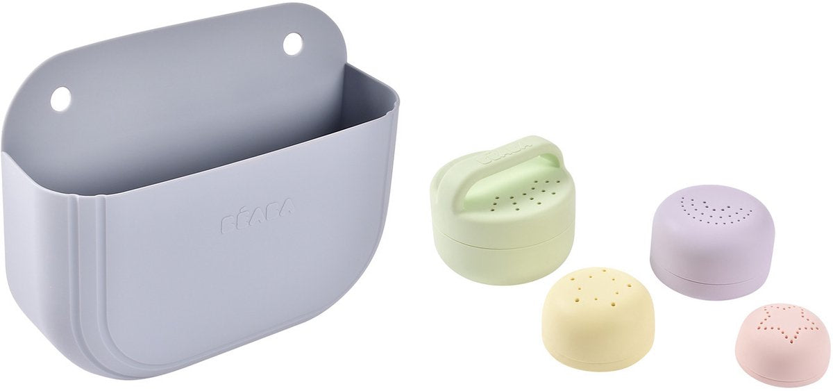 Béaba badspeeltjes set - 4 stuks + opbergmand - silicone - vanaf 1 jaar - voor in bad - zuignappen