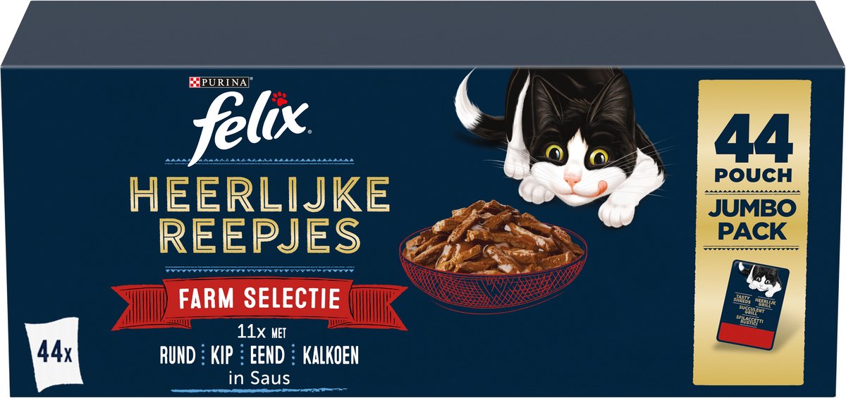 Felix heerlijke reepjes farm selectie - kattenvoer natvoer - rund, kip, eend, kalkoen - 44 x 80g