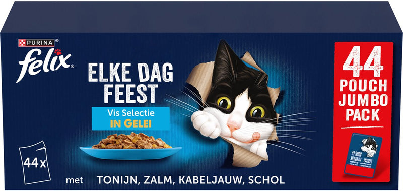 Felix elke dag feest vis selectie - kattenvoer natvoer - tonijn, kabeljauw, zalm schol - 44 x 85 g