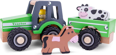 Woet ® houten tractor met aanhanger - inclusief 2 boerderijdieren - groen - educatief speelvoertuig - rollenspel speelgoed - vanaf 18 maanden