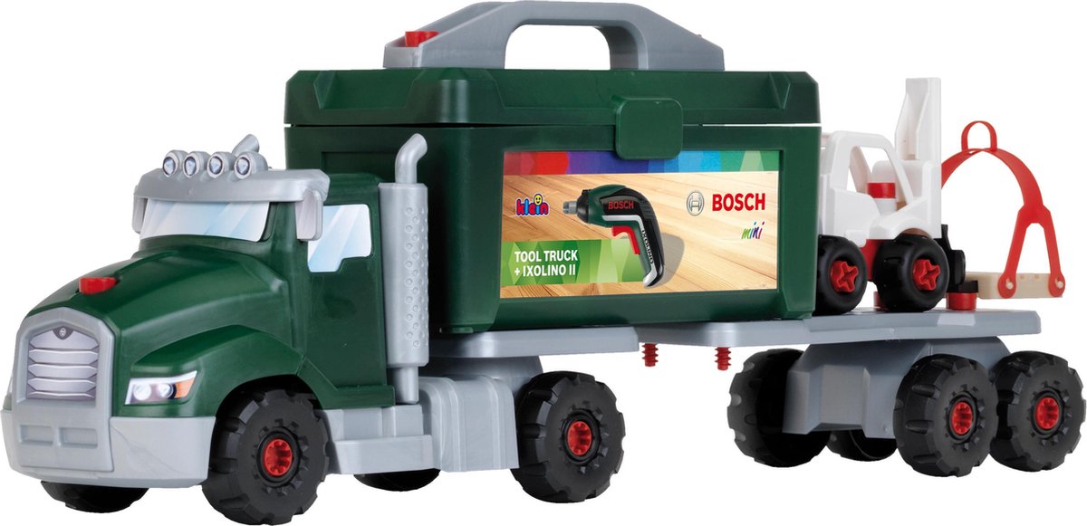 Klein toys bosch ixolino ii gereedschapswagen-set - 86 onderdelen - incl. accu-schroevendraaier, gereedschapskist, aanhanger, kraan en heftruck - groen