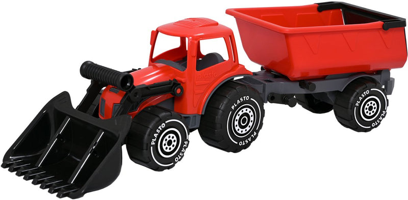 Plasto tractor met voorlader en aanhanger rood 57 cm - speelgoedvoertuig - complete set - grote tractor - stevig kunststof - gemaakt in finland - vanaf 1 jaar