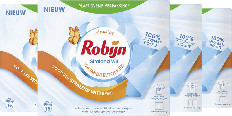 Robijn - stralend wit wasmiddeldoekjes - 4 x 16 wasstrips - voordeelverpakking