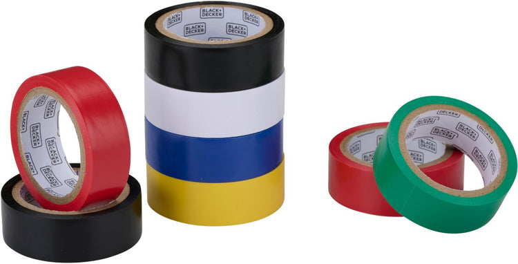 Black+decker isolatietape set 8 stuks - insulating tape 18 mm x 5 m - elektrische tape in verschillende kleuren - tape set voor kabels en bedrading
