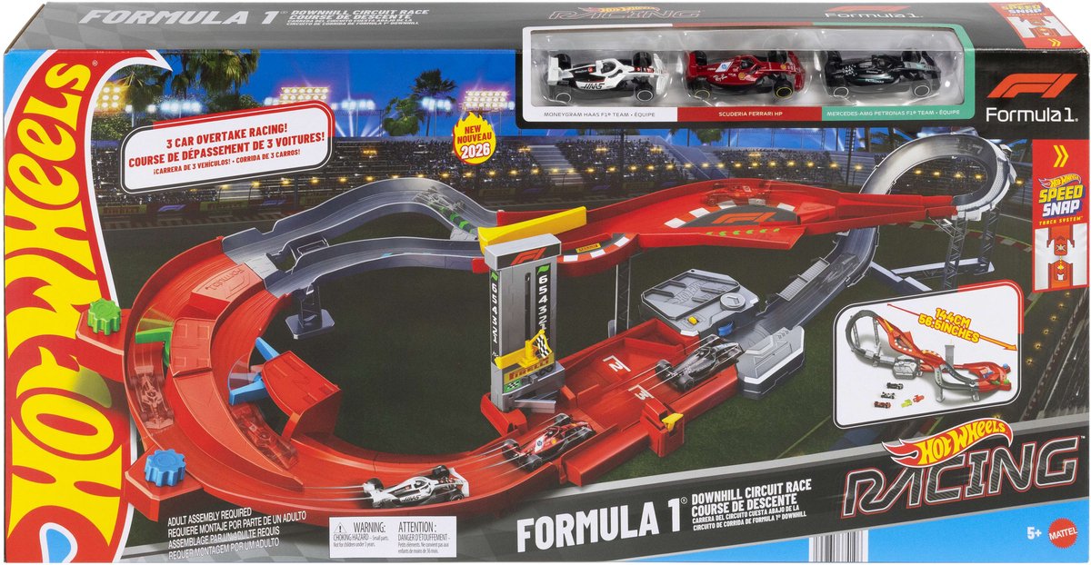Hot wheels racing formula 1 downhill circuit race baanset met 3 metalen f1-auto's