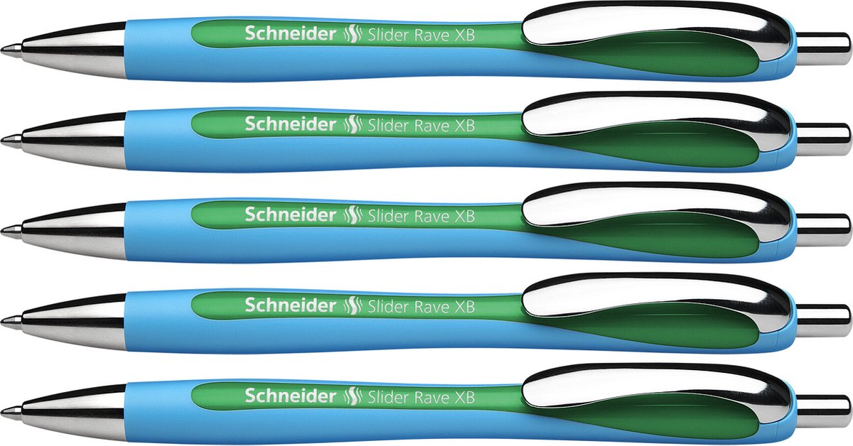 Schneider schrijfwaren schneider balpen - slider rave - penpunt xb - schrijfbreedte 1,4mm - schrijfkleur groen - 5 stuks - s-132504-5