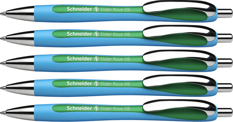 Schneider schrijfwaren schneider balpen - slider rave - penpunt xb - schrijfbreedte 1,4mm - schrijfkleur groen - 5 stuks - s-132504-5