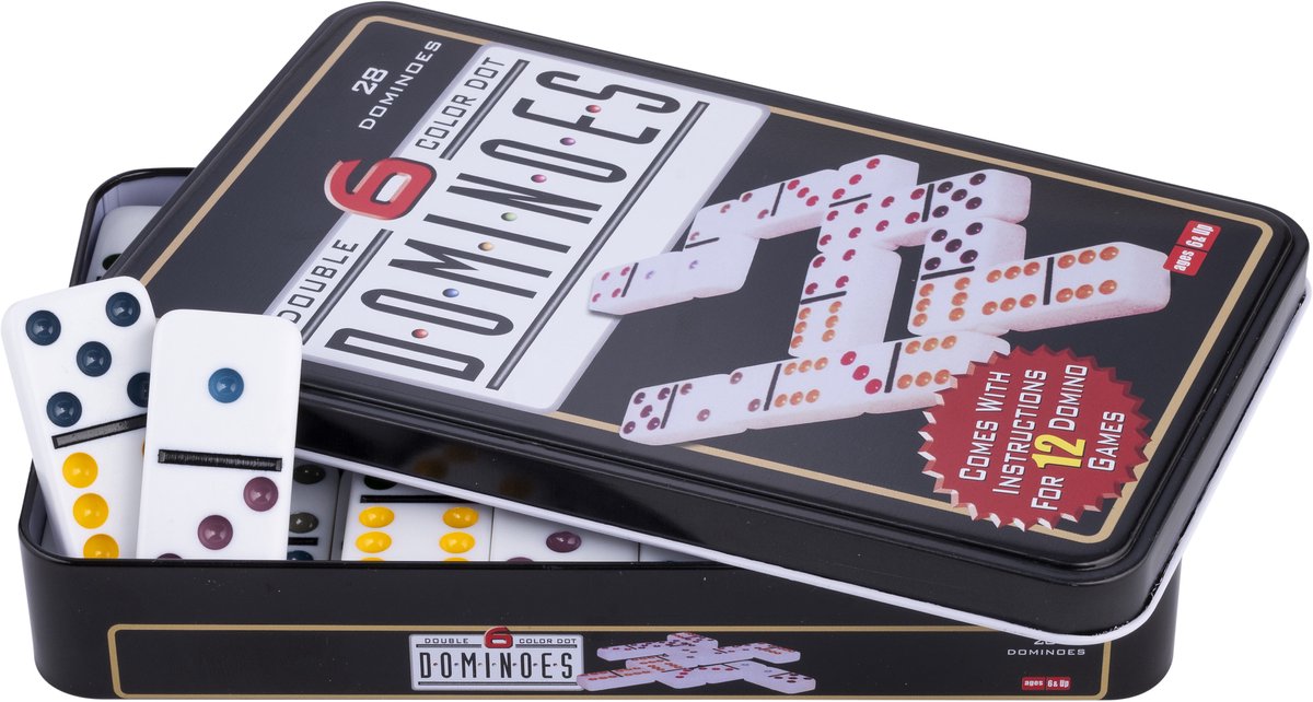 Engelhart domino dubbel in blik - 28 stenen met gekleurde ogen