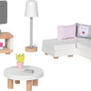 Goki poppenhuismeubeltjes: design woonkamer, 15-delig, 9,5x3x4cm (televisiekast), beukenhout en stof, 3+