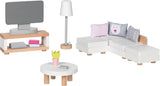 Goki poppenhuismeubeltjes: design woonkamer, 15-delig, 9,5x3x4cm (televisiekast), beukenhout en stof, 3+ - afbeelding 1