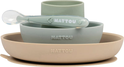 Nattou siliconen 4-delig servies voor kinderen - bord + kom + beker + lepel - antislip - bpa-vrij - groen zand