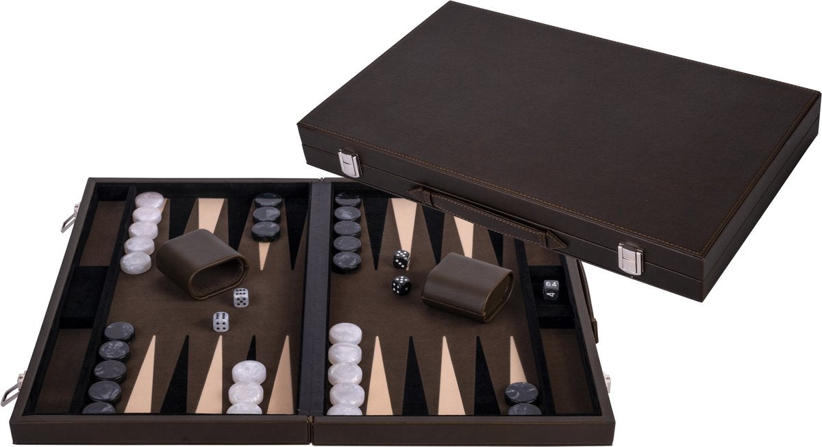 Longfield backgammon 18 olijfgroen cream in lederen koffer -