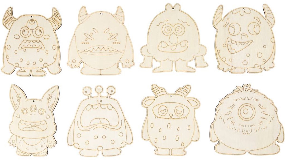 Creativ company houten figuren monster h:12,4 cm 8 stuks
