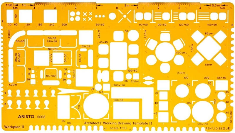 Aristo architecten combisjabloon ii - schaal 1:50 - met inktnoppen - oranje transparant - ar-5062