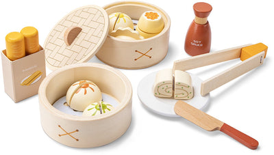 Woet ® houten dim sum speelset - 23-delig aziatisch rollenspel speelgoed - inclusief dumplings, stokjes, sojasaus en stoommandjes - fsc educatief keukenspeelgoed - speelgoedeten voor kinderen - vanaf 3 jaar