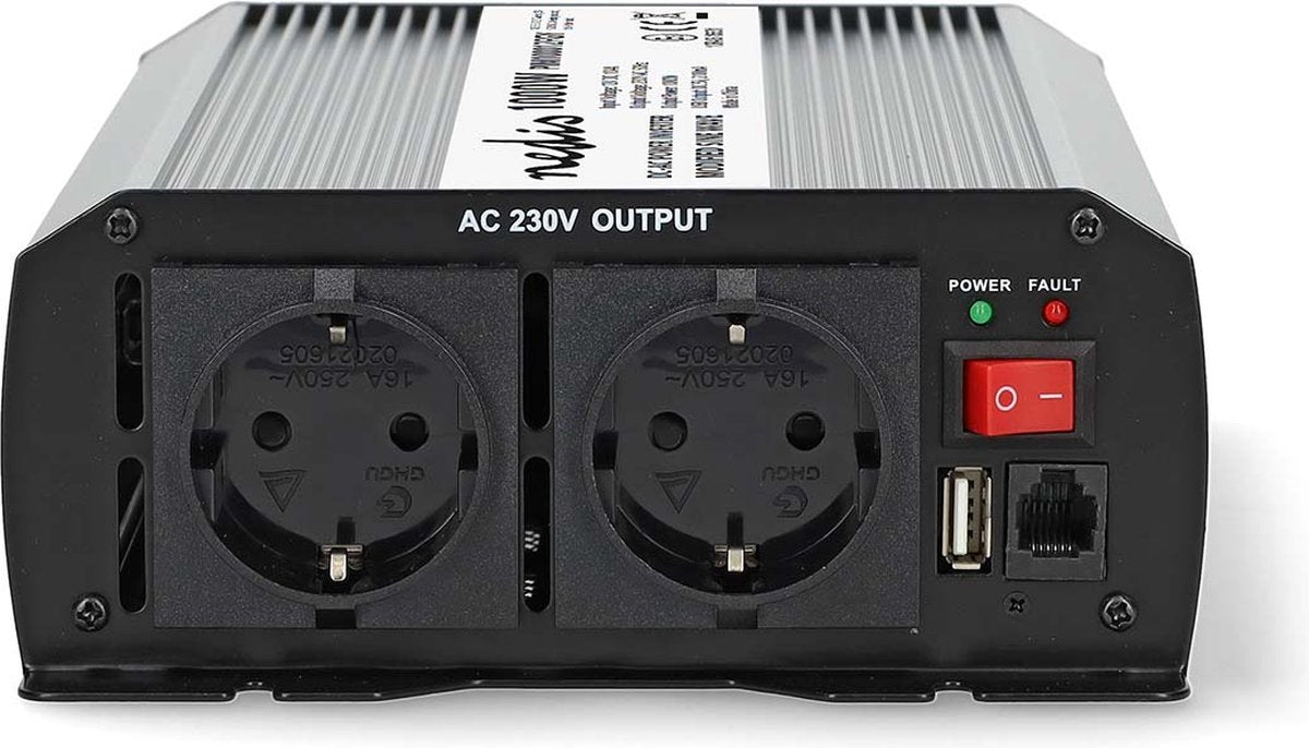 Nedis auto omvormer 1000w – 12v 230v – 2x stopcontact 1x usb oplaadpoort – gemodificeerde sinusgolf – spanningsomvormer