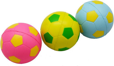 Engelhart mixballen soft foam – voetbalprint – blauw roze geel – 6,3 cm – set van 3 in net – zachte schuim ballen – mini speelballen – kindvriendelijk speelgoed –