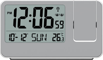 Technoline wt 534 - wekker - projectiewekker (180°) - digitaal - rechthoek - radiogestuurde tijdsaanduiding - 12 24h - datumaanduiding - binnentemperatuur - 12 24 - 2 alarmen - snooze - kunststof - cijfers - zilverkleurig