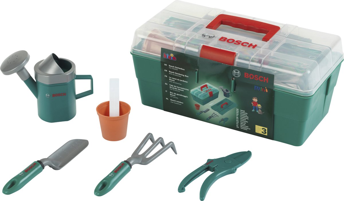 Klein toys bosch box met tuingereedschap - schop, hark, gieter en meer - groen