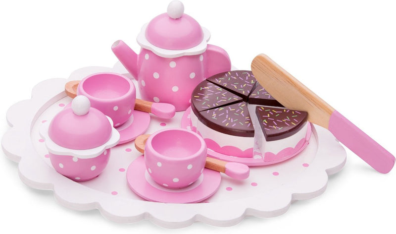 New classic toys ® houten theeservies roze - 18-delige theeset met dienblad, theepot, kopjes en taart - fsc - rollenspel servies speelgoed - vanaf 24 maanden