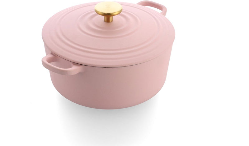 Bk bourgogne braadpan gietijzer 28cm 6.7l - inductie braadpan - gietijzeren braadpan - ovenbestendig tot 230 graden - deksel met druipringen - wit geëmailleerde binnenkant - blush pink