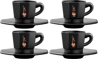 Bialetti octagonal espresso kopjes set – 4 kopjes met schotels – 75 ml – mat zwart porselein met goudkleurige details