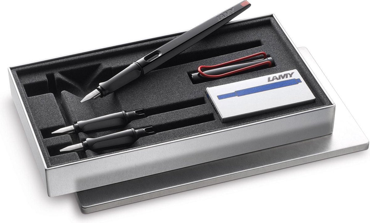 Lamy joy black kalligrafie vulpen set – mooischrijfpennen met 3 verschillende nibs (1,1 1,5 1,9 mm) – vulpen met bandzugpenpunt en ergonomisch handvat – inclusief 5 tintenpatronen t 10 blauw