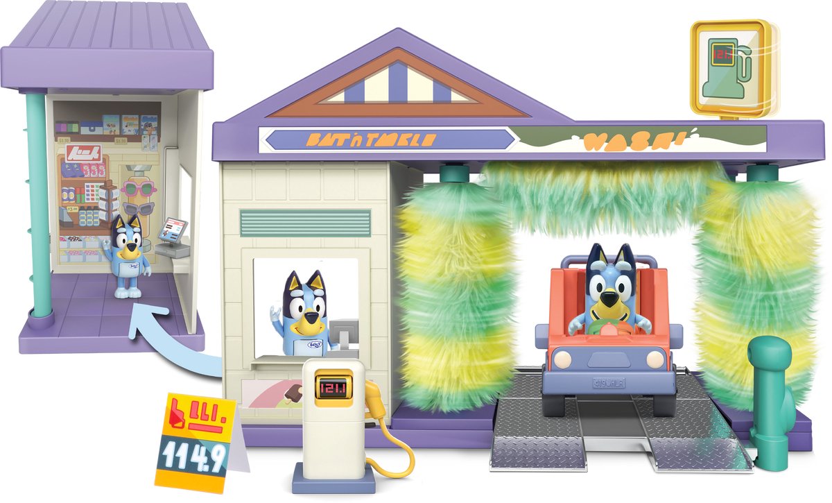 Moose toys bluey - bluey's autowasstraat speelset - incl. bluey speelfiguur, auto, benzinepomp en winkeltje