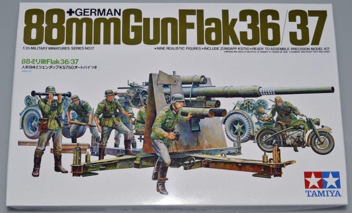 Tamiya modelbouwpakket militaire voertuigen - 35017 german flak 8,8 kanone with motorcycle plastic - 1:35 - modelbouw