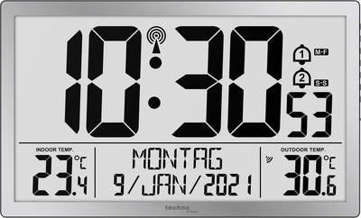 Technoline ws 8113 - wandklok - digitaal - rechthoek - radiogestuurde tijdsaanduiding en handmatig - 12 24 - datumaanduiding - 7 talen - binnen- en buitentemperatuur - 2 alarms - snooze - kunststof - cijfers - zilverkleurig