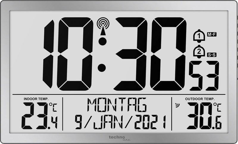 Technoline ws 8113 - wandklok - digitaal - rechthoek - radiogestuurde tijdsaanduiding en handmatig - 12 24 - datumaanduiding - 7 talen - binnen- en buitentemperatuur - 2 alarms - snooze - kunststof - cijfers - zilverkleurig