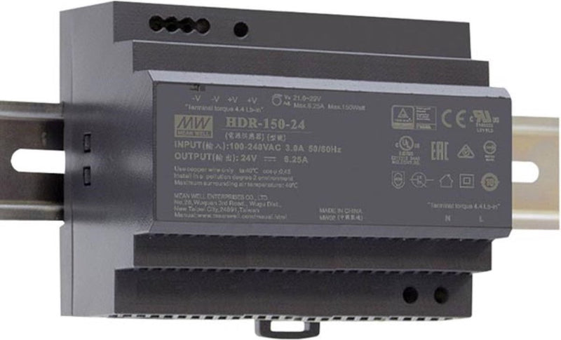 Mean well hdr-150-24 din-rail netvoeding 24 v dc 6.25 a 150 w aantal uitgangen:1 x inhoud 1 stuk(s)