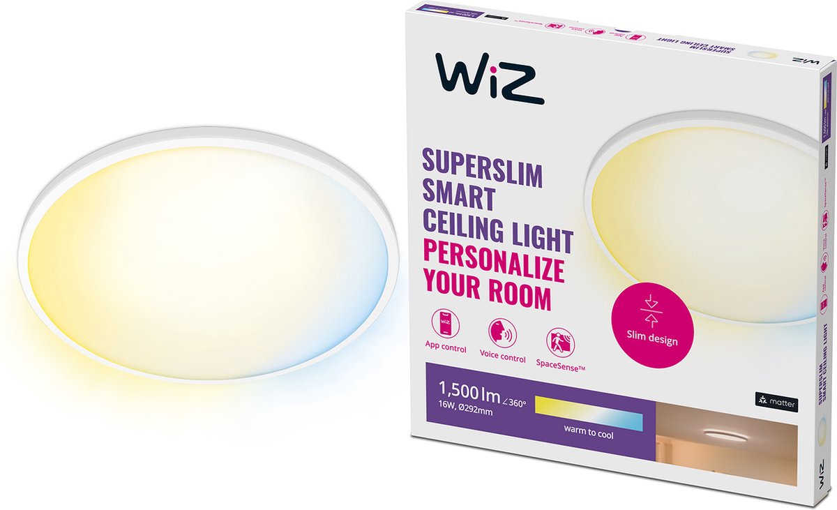 Wiz plafondlamp superslim - diameter: 30 cm - warm- tot koelwit licht - slimme led verlichting - geïntegreerde led - 16w - wit - wi-fi