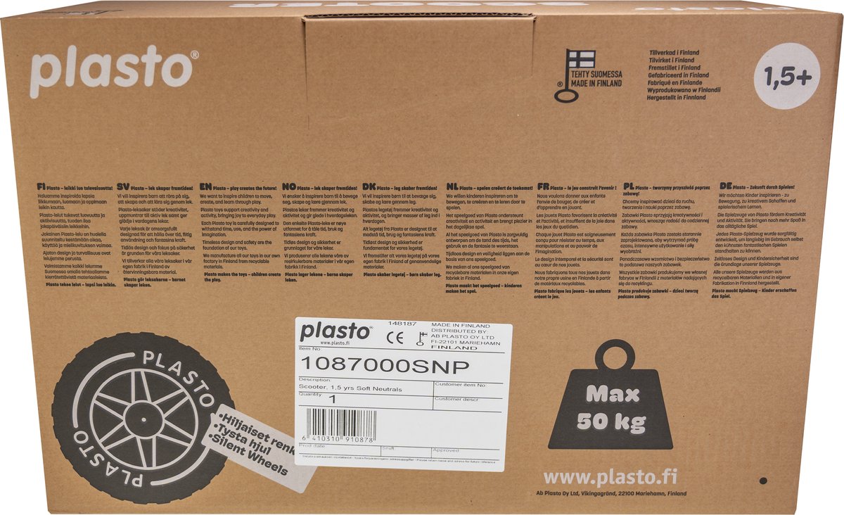 Plasto scooter perzikkleur - baby walker - stille wielen - loopauto - zithoogte 22 cm - special edition zachte neutrale kleuren - gemaakt in finland - vanaf 1 jaar