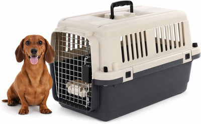 Flamingo reisbench hond – autobench – transportbox hond – fomad donkergrijs s (40x61x41 cm) – kunststof – met metalen deur veiligheidsslot – inclusief eet- en drinkpot – s