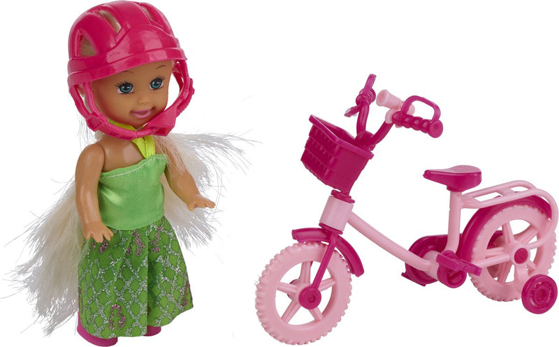 Eddy toys fashion doll mini pop met fiets - 9 cm minipop van kunststof - roze en groen - inclusief fietsaccessoire - 3-delige set - speelgoed voor kinderen vanaf 3 jaar