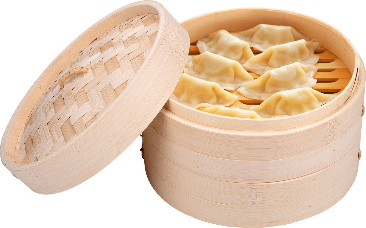 Merkloos sans marque stoommandje bamboe - stoommand met 2 lagen - 20 x 13,5 cm - 100% bamboe