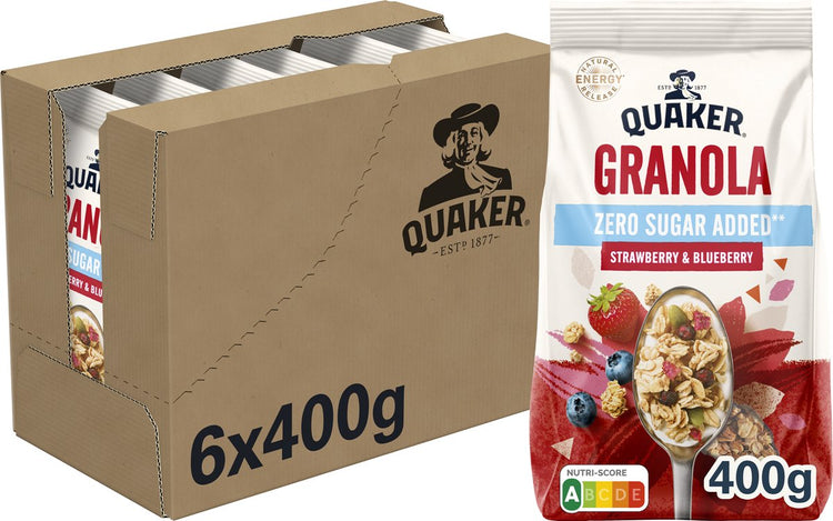 Quaker granola zero sugar added strawberry blueberry - ontbijtgranen - 6 x 400 gram