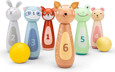 Woet ® houten dieren bowling set voor kinderen - kegelspel met 6 kegels en 2 ballen - fsc - educatief spel - vanaf 3 jaar