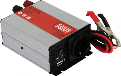 Carpoint omvormer - 12v>230v - continu vermogen 300w - piekvermogen 600 watt – uitgang frans belgisch stopcontact - usb poort om ander apparaat op te laden - aansluiting via accu met accuklemmen – ingebouwde koelventilator - afmeting 120x100x50mm